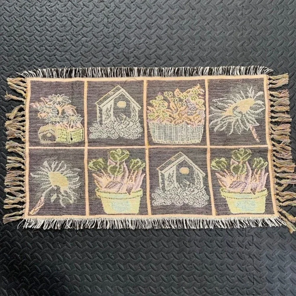 Vintage Tapestry Accent Rug Sunflowers Birdhouses Garden Grid Fringed Mat 21x36